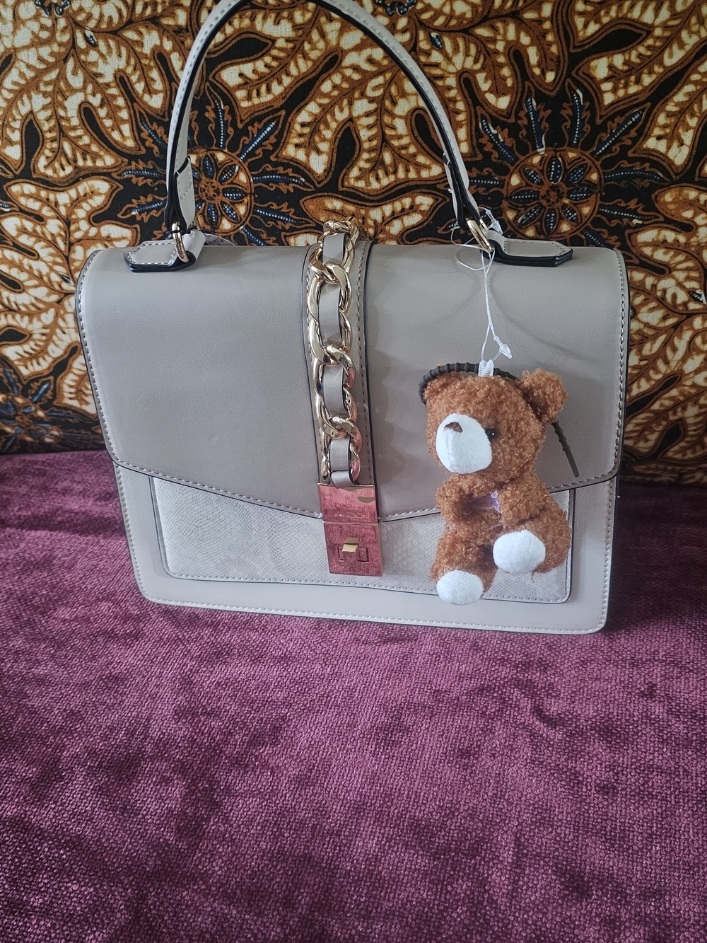 Aldo Taupe Crossbody Satchel with Gold Chain Accent